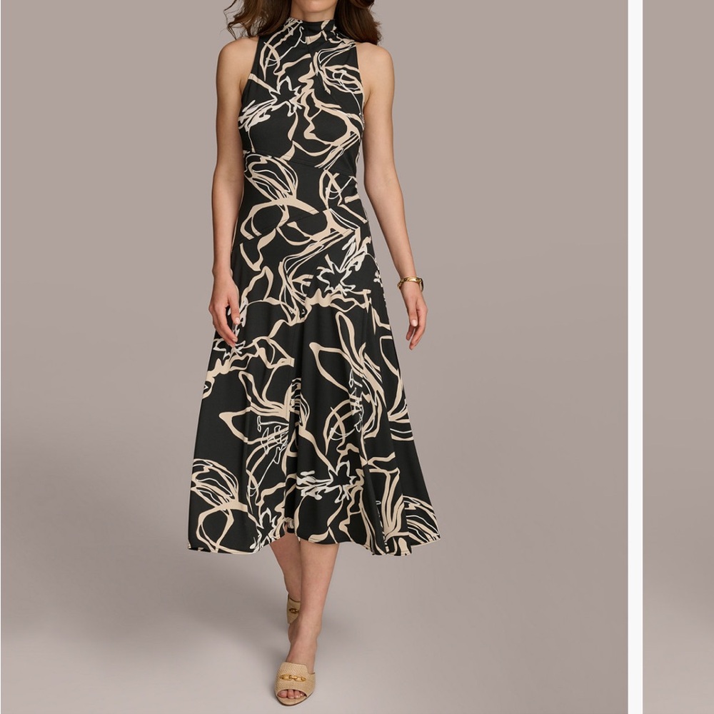Donna Karan Black and Cream Patterned Maxi Dress
